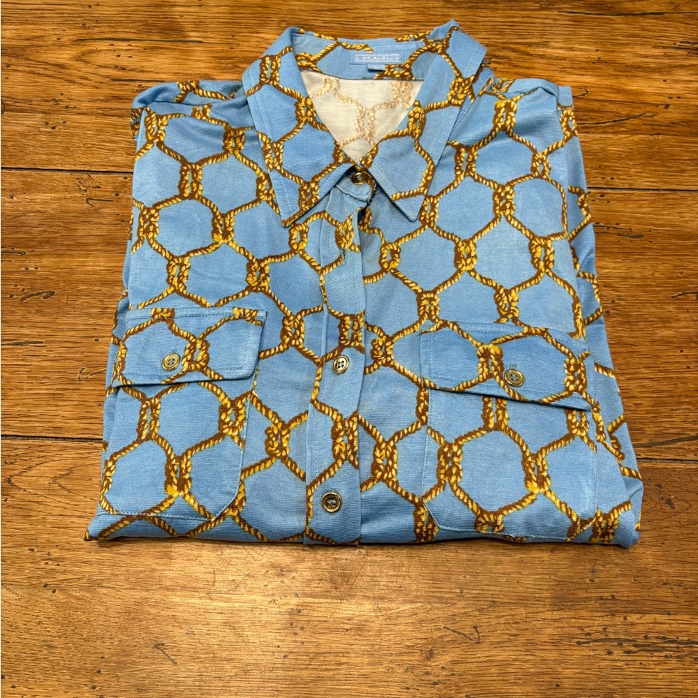 Casually Elegant Silk Soft Blue & Gold Knotted Nautical Rope Button Up Top - Picture 3 of 7